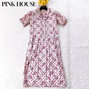 1円～ 美品 PINK HOUSE ピンクハウス ワンピース ロング 半袖 花柄 フリル リボン ピンク 