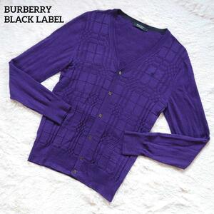 1円～ BURBERRY BLACK LABEL バーバリーブラックレーベル カーディガン ニット カシミヤ シルク パープル チェック 銀ボタン サイズS相当