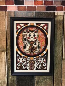 金運アップの縁起物 可愛い招き猫 商売繁盛 A4サイズ アートポスター アートフレーム タトゥー