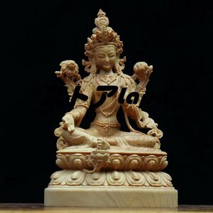 柘植材★木彫り 仏像 緑度母 緑仏母 座像 彫刻 仏教工芸品 q1097
