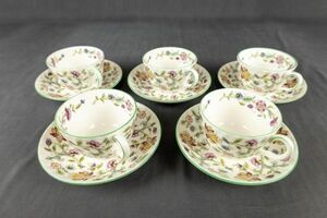 T01-1981 ミントン ハドンホール グリーン ティーカップ&ソーサー5客 イギリス 英国食器 花柄 食器 MINTON HADDON HALL 紅茶 西洋磁器 廃盤