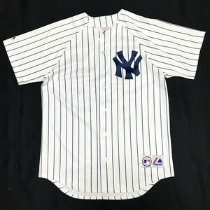【USA製】90s Majestic マジェスティク MLB ニューヨークヤンキース ベースボールシャツ メンズM白 ストライプ ヴィンテージ ユニフォーム