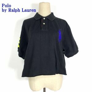 ポロバイラルフローレンコットン ショート丈半袖ポロシャツブラックPolo by Ralph Lauren ブランドロゴ刺繍有 切りっぱなし加工 XL C9576