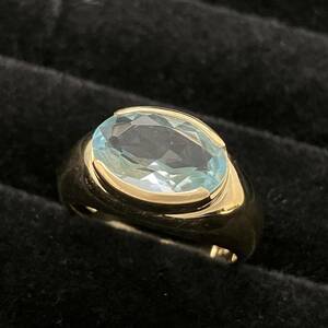 新品仕上済み 水色 石 デザイン リング K18 750 12.5号 6.4g 金 イエロー ゴールド 指輪 ホールマーク 造幣局 刻印 入