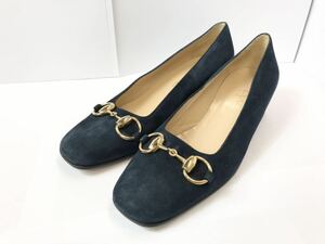 (D) GUCCI グッチ スエード レザー パンプス 35.5 ネイビー シューズ