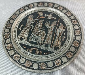 アンティーク 中東古代紋／銅製大型飾り絵皿 直径39cm