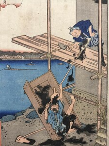 【真作】戯画！本物浮世絵木版画 歌川広重「江戸名所道戯尽 浅草御厩川岸」名所絵 大判 錦絵 保存良い