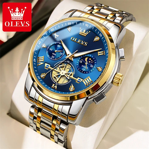 OLEVS メンズ 腕時計 2856 高品質 クオーツ カジュアル スポーツ ビジネス 時計 ステンレス クロノグラフ ウォッチ ゴールド × ブルー