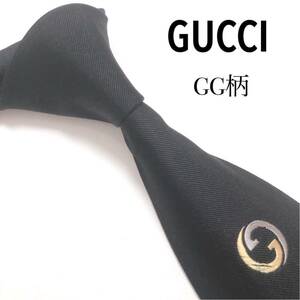GUCCI グッチ 美品 ネクタイ 最高級シルク GG柄 刺繍 ワンポイント 黒