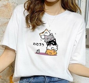 【夏、半袖Ｔシャツ！】レディス　綿１００％　前身頃　ロゴ＆イラスト（猫）プリント　半袖　Tシャツ＜オフ白：Ｌ（フリーサイズ＞04023