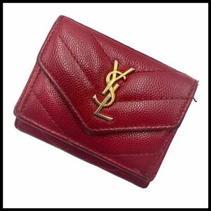 【希少】YVES SAINT LAURENT イヴサンローラン キャビアスキン Vステッチ 三つ折り財布 レザー カサンドラ ウォレット YSL ロゴ レッド