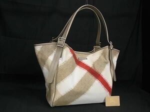 1円 ■美品■ BURBERRY バーバリー キャンバス×レザー トートバッグ ショルダーバッグ 肩掛けかばん レディース アイボリー系 FC0153