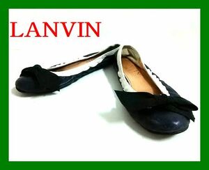 LANVIN フラットシューズ 36 レザー×化学繊維 ネイビー×黒