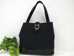 YSL Yves Saint-Laurent イヴ・サンローラン◆キャンバス エナメル パテント レザー 本革◆ハンド バッグ◆ブラック G金具◆美品◆N7973