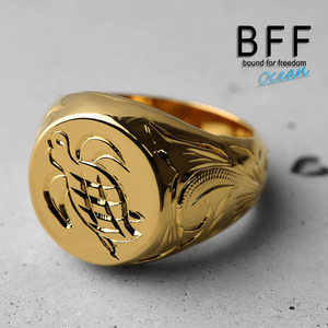 BFF ブランド タートル 印台リング ごつめ ゴールド 18K GP 金色 丸型 手彫り 彫金 専用BOX付属 (14号)
