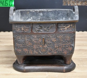 NY4-257【現状品】大明宣徳年製　台付き火鉢　唐銅　火鉢　アンティーク　金属工芸　古銅　約26㎝×22㎝　重量：約4.6㎏　中古品　保管品