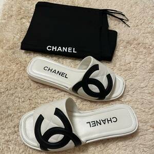 CHANEL シャネル カンボンライン サンダル 34 ホワイト×ブラック 美品