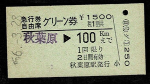 国鉄　総武本線　急行券＋自由席グリーン券　秋葉原から100㎞　秋葉原駅発行　昭和56年