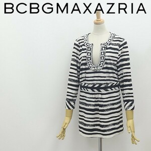◆BCBG MAXAZRIA マックスアズリア ストレッチ ボーダー柄 ビーズ装飾 チュニック オフホワイト×ブラック L