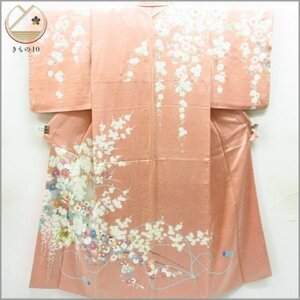 ★着物10★ 1円 絹 訪問着 桜 京染 袷 身丈153cm 裄62cm [同梱可] ☆☆