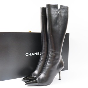 41015★1円スタート★CHANEL シャネル 未使用品 ロングブーツ ココマーク 靴 36 23cm 綺麗 マトラッセ調 ブーツ レザー ブラック