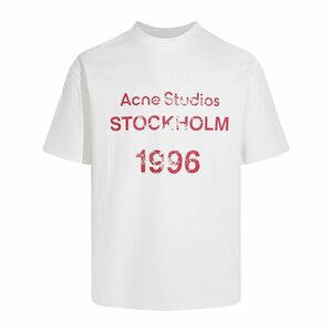 Acne Studios 1996 ロゴ 半袖ｔシャツ メンズ レディース スタンプ Tシャツ ヴィンテージ加工 ホワイト×レッドロゴ Mサイズ