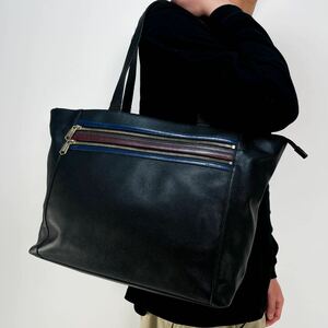 1円〜◆ポールスミス Paul Smith トートバッグ オールレザー マルチストライプ 大容量 メンズ ビジネス A4可 ブラック 通勤 ショルダー