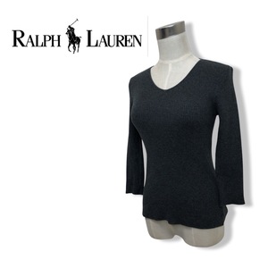 ★Ralph Lauren ラルフローレン★レディース コットン Vネック タイト カットソー 長袖 Tシャツ トップス グレー size M 管:D:01