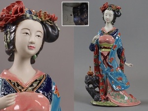 中国美術 石湾焼 在銘 美人人形 高31,5cm 陶器人形 唐物 細密細工 古美術[c532]