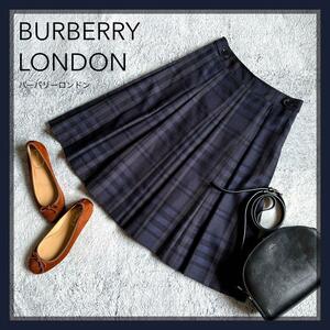 【BURBERRY LONDON】バーバリーロンドン シャドーチェック ノバチェック柄 ボックスプリーツ フレアスカート 36サイズ Sサイズ相当 濃紺