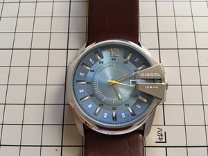 良品 良デザイン 付属品有 DIESEL ディーゼル デイト DZ-1399 水色・ブルー文字盤 純正革ベルト クオーツ メンズ 腕時計