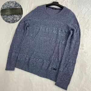 美品 L〜XL BLACK LABEL CRESTBRIDGE ブラックレーベルクレストブリッジ 編み込み 綿 ニット 長袖 セーター ロゴ レザープレート 伸縮性 青