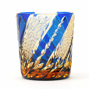 送料無料 江戸切子 琥珀色瑠璃被せクリスタルガラスロックグラス「風車」ロックグラス 伝統工芸品 酒グラス（623）