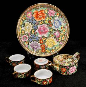 中国古玩 中国古美術 唐物 中国廣彩 中国茶器 金彩色絵花紋茶器揃 茶盆 茶壺 茶杯 6点セット 色鮮やかで華やかな逸品！