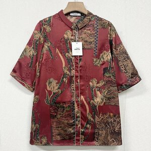 上級ヨーロッパ製※定価3万◆ブルガリア発※RISELIN 半袖Tシャツ 高級シルク混 速乾 薄手 総柄 折り襟 上品 トップス カジュアル 夏 L/48