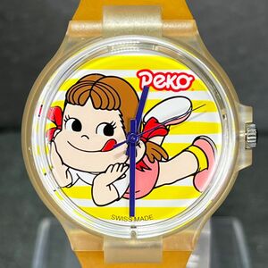 レア SWATCH スウォッチ FUJIYA 不二家 ペコちゃん 腕時計 アナログ クオーツ 3針 ラウンド 裏面スケルトン イエロー 新品電池交換済み