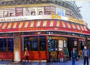 油彩画 洋画 (油絵額縁付きで納品対応可) SM 「パリのカフェ２」 半澤 国雄