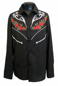 新品 XXLサイズ ウエスタンシャツ 2123 黒×薔薇 BLACK ブラック 綺麗め 柄シャツ カウボーイ ロカビリー ロック モード ヴィジュアル系