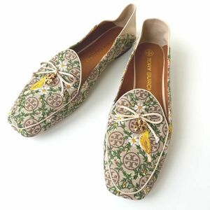 美品 ◆ トリーバーチ TORY BURCH Tモノグラム フラットシューズ サイズ11M 花柄刺繍 ブラウン系 バレエ パンプス レディース 婦人靴