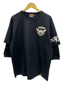 VANSON (バンソン) 半袖 Tシャツ 袖部分サーマル重ね着付き(五分袖) バック刺繍 02724 XXL ブラック メンズ/028