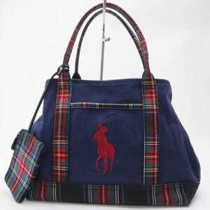 2402-63 ラルフローレン ハンドバッグ トートバッグ RALPH LAUREN キャンバス製 ネイビー チェック柄 小物入れ付き