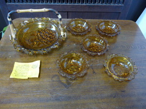 昭和レトロ　プレスガラス デザート プレート セット アンバー 大皿 器 琥珀 ブドウ 葡萄 インテリア ディスプレイ 