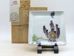 K6320 無形文化財 九谷焼 武腰潤 作 富貴図 板皿 大皿 在銘 刻印 共箱 共布 古美術 陶磁工芸 茶道具 