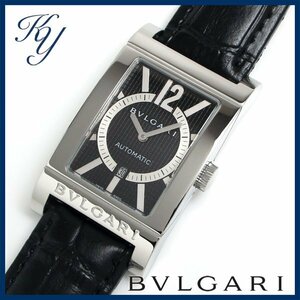 1円～ 3ヶ月保証付き 磨き済み 美品 本物 定番 人気 BVLGARI ブルガリ レッタンゴロ RT45S 革ベルト 自動巻き ブラック メンズ 時計