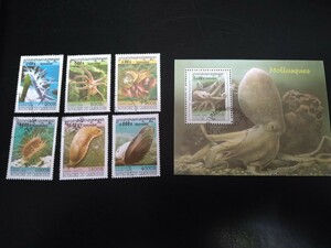 【軟体動物切手】カンボジア 貝、タコ等6種+小型シート プリキャンセル