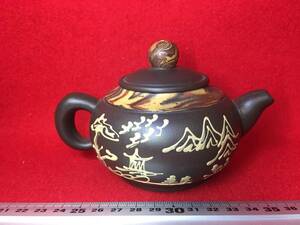 ★【逸品堂】★ 急須 文字 風景画 入り 素焼き 朱泥 後手 茶瓶 古玩 唐物 茶器 中国 古美術 時代物 骨董品 マーブル柄 珍品 在銘 美品 明清