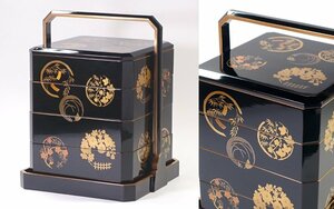 ∇花∇世界に誇る輪島漆器 蝋色塗四季花丸蒔絵散手提重 四段重箱 元箱入