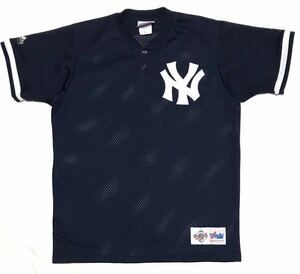 【USA製】90s Majestic マジェスティック MLBニューヨークヤンキース プルオーバー ベースボールシャツ メンズM 紺 メッシュ ユニフォーム