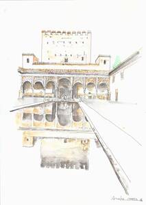 世界遺産の街並み・スペイン・アルハンブラ宮殿・コマ―レス宮の中庭・F4画用紙・水彩画原画