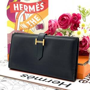 ★美品★　HERMES　エルメス　ベアン　ボックススカーフ　ブラック　長財布